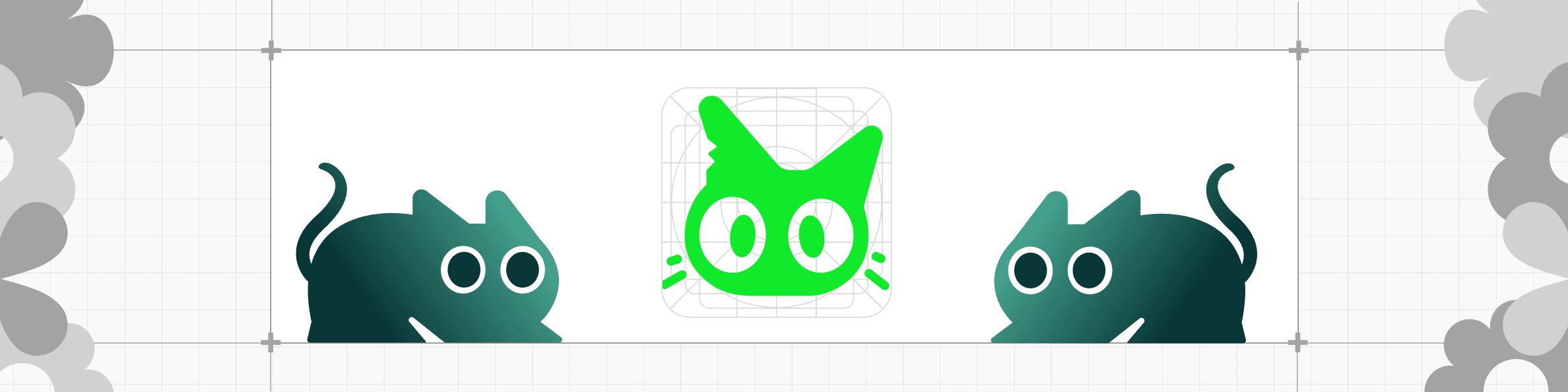 Two dark green cat silhouettes facing the chosen bright green cat face, which sits on its construction grid inside crop marks