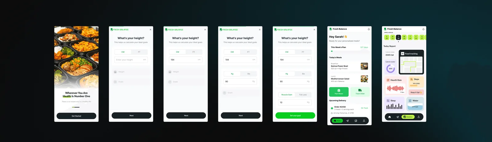 Five app screens: browse, plan, track, order, rate