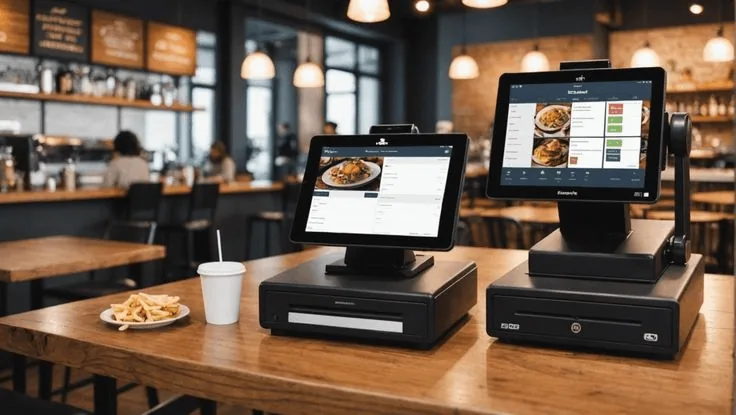 Two POS terminals on a café counter