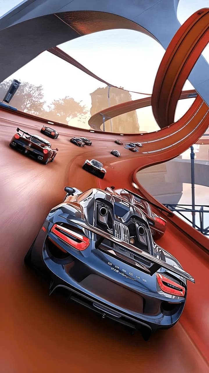 Forza Horizon render of cars on an orange loop track