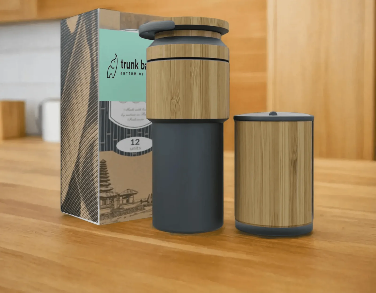 Retail packaging beside the tumbler and its lid