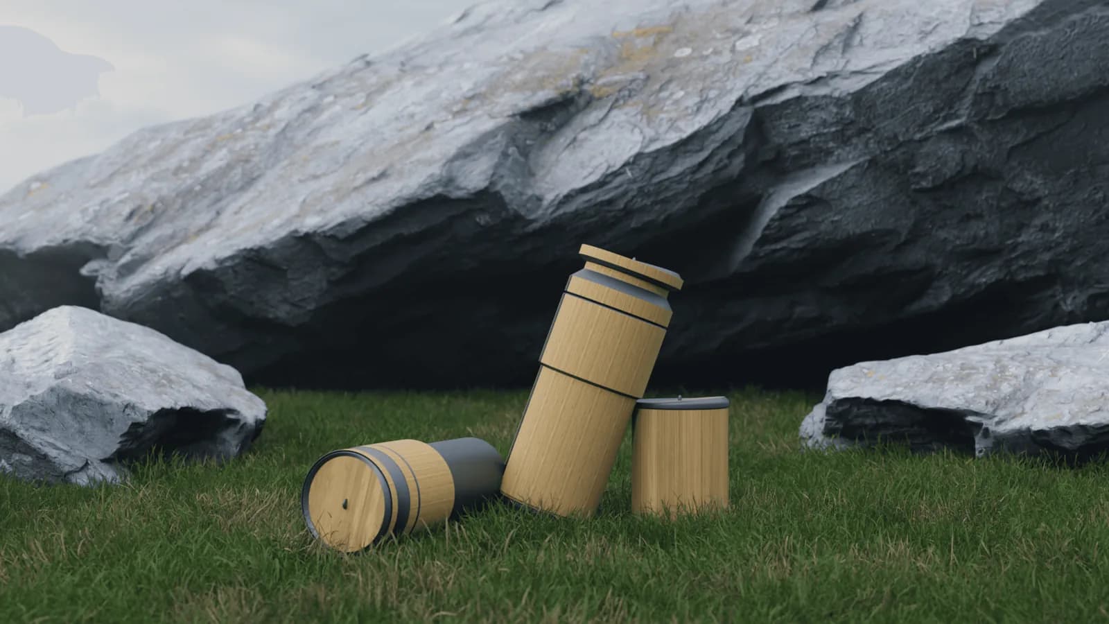 Two tumblers on grass against rock, outdoor render