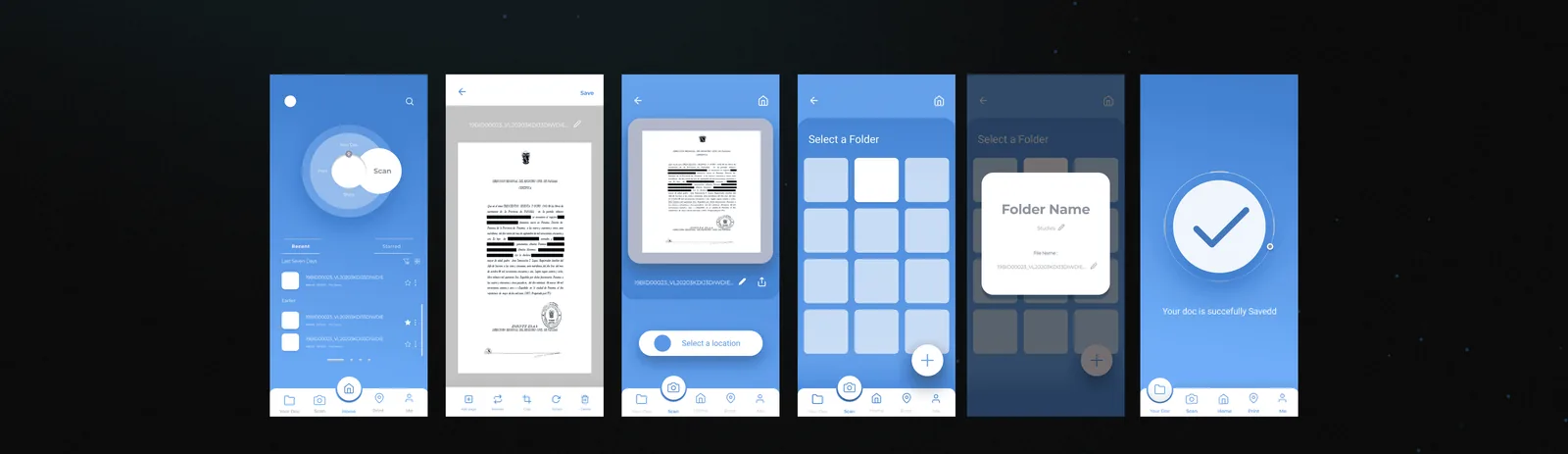 Six app screens in a row, onboarding through confirmation