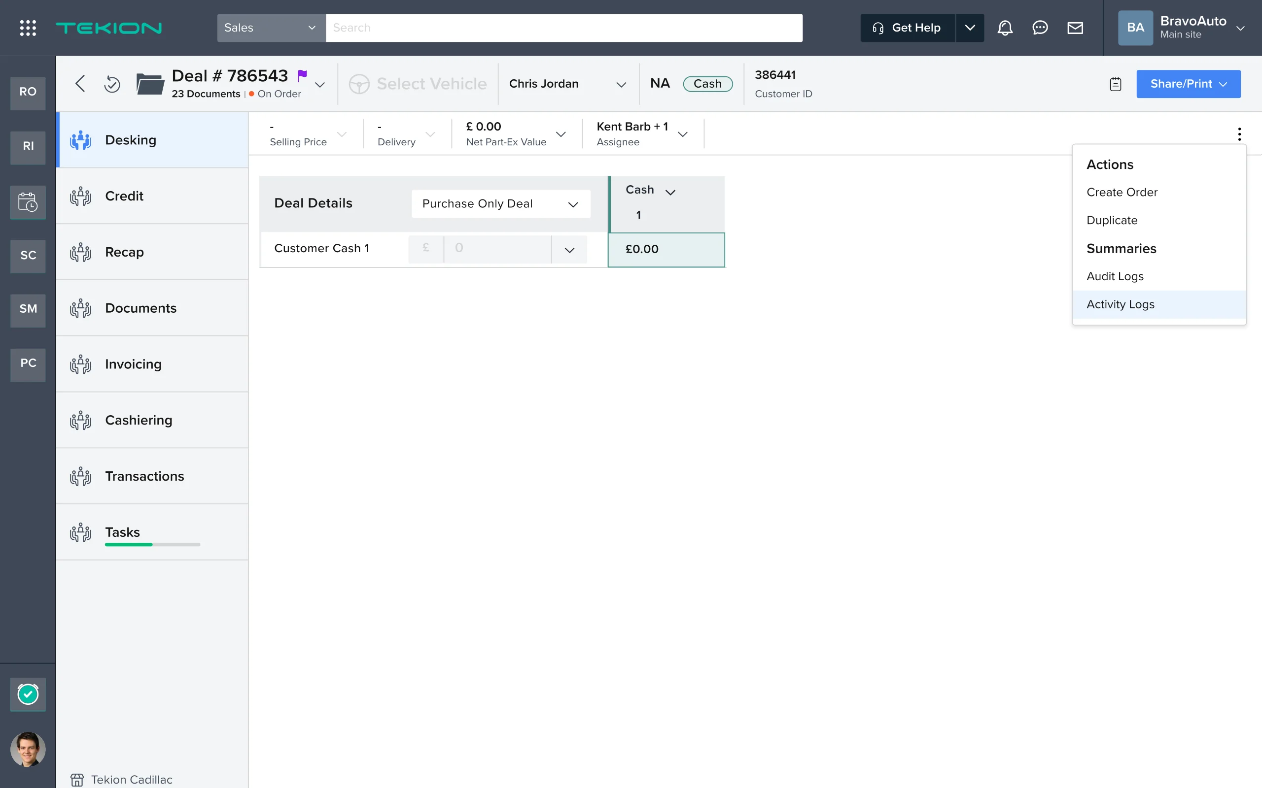 A desking screen with the actions menu open, showing create order and duplicate above a summaries group offering audit logs and activity logs, with activity logs highlighted.