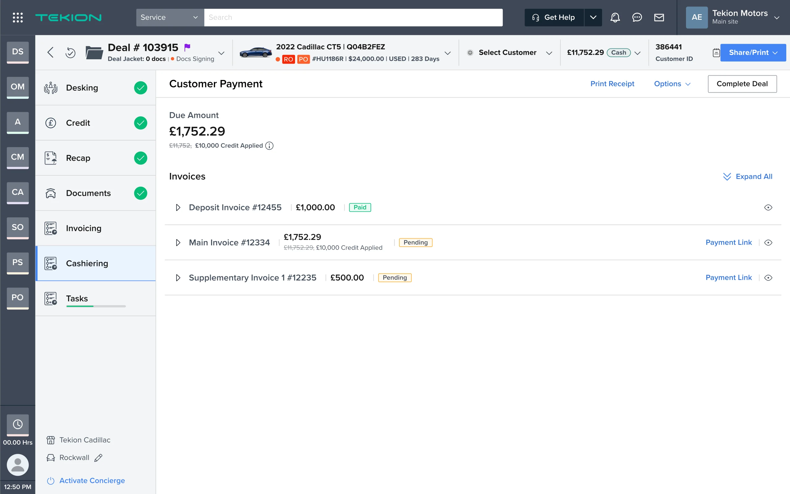 The Cashiering tab of a deal, headed Customer Payment with a due amount above a list of 3 invoices: a deposit invoice marked Paid, a main invoice marked Pending and a supplementary invoice marked Pending, each row carrying its own amount and its own payment link.