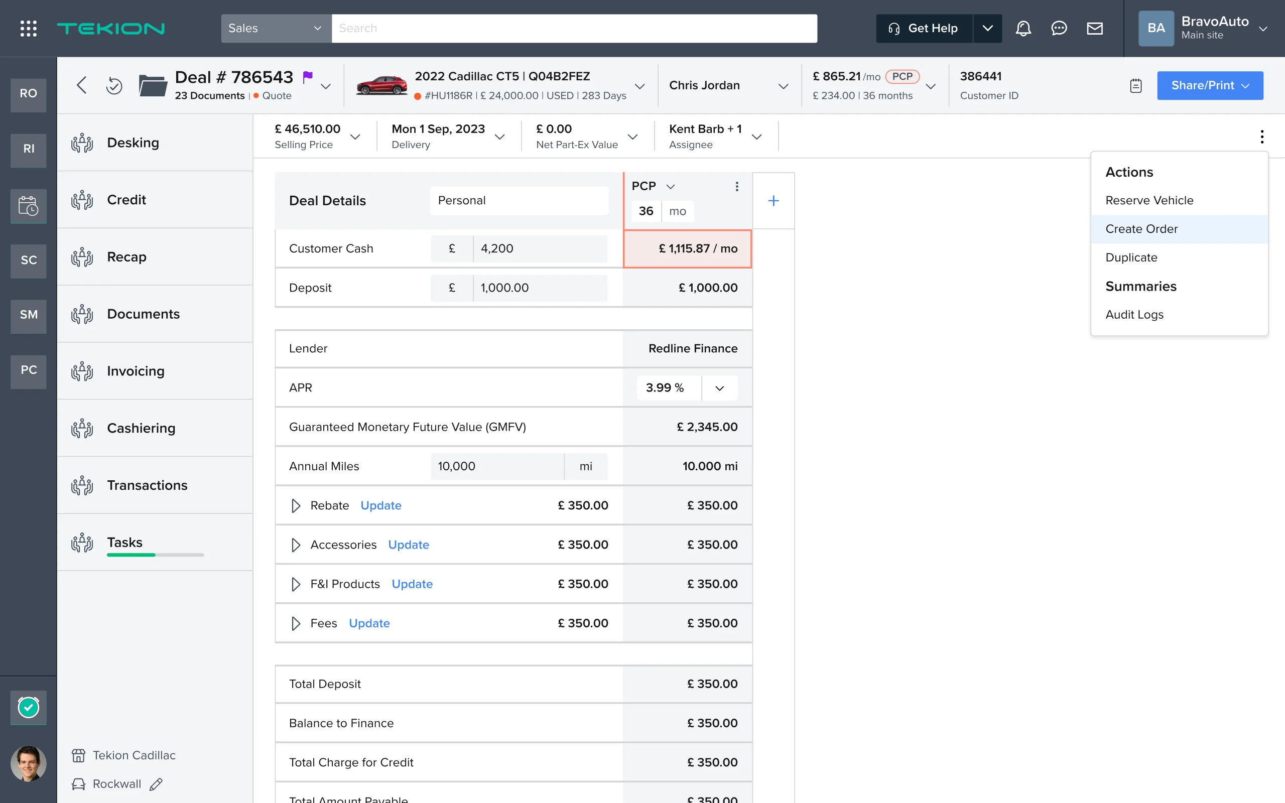 A desking screen for a personal PCP deal with the actions menu open, offering reserve vehicle, create order and duplicate above a summaries group containing audit logs.