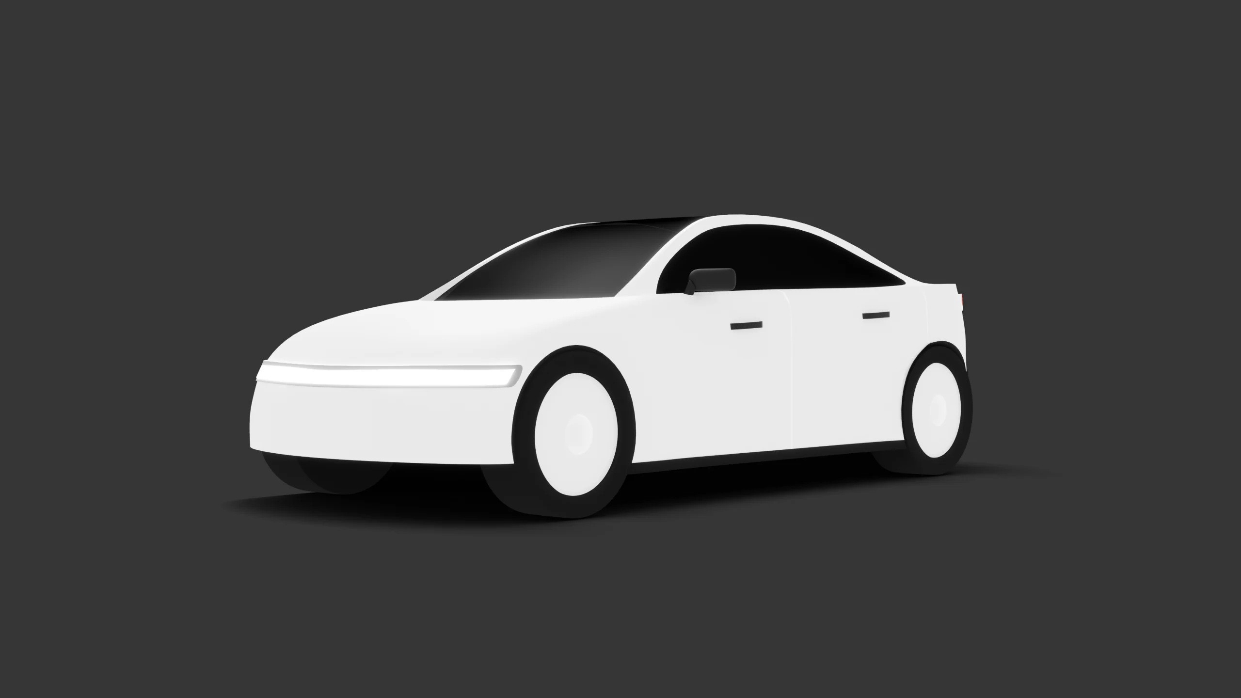 A white saloon car rendered in three quarter front view on a flat dark grey ground, with black glass, black wheel arches and a soft contact shadow.