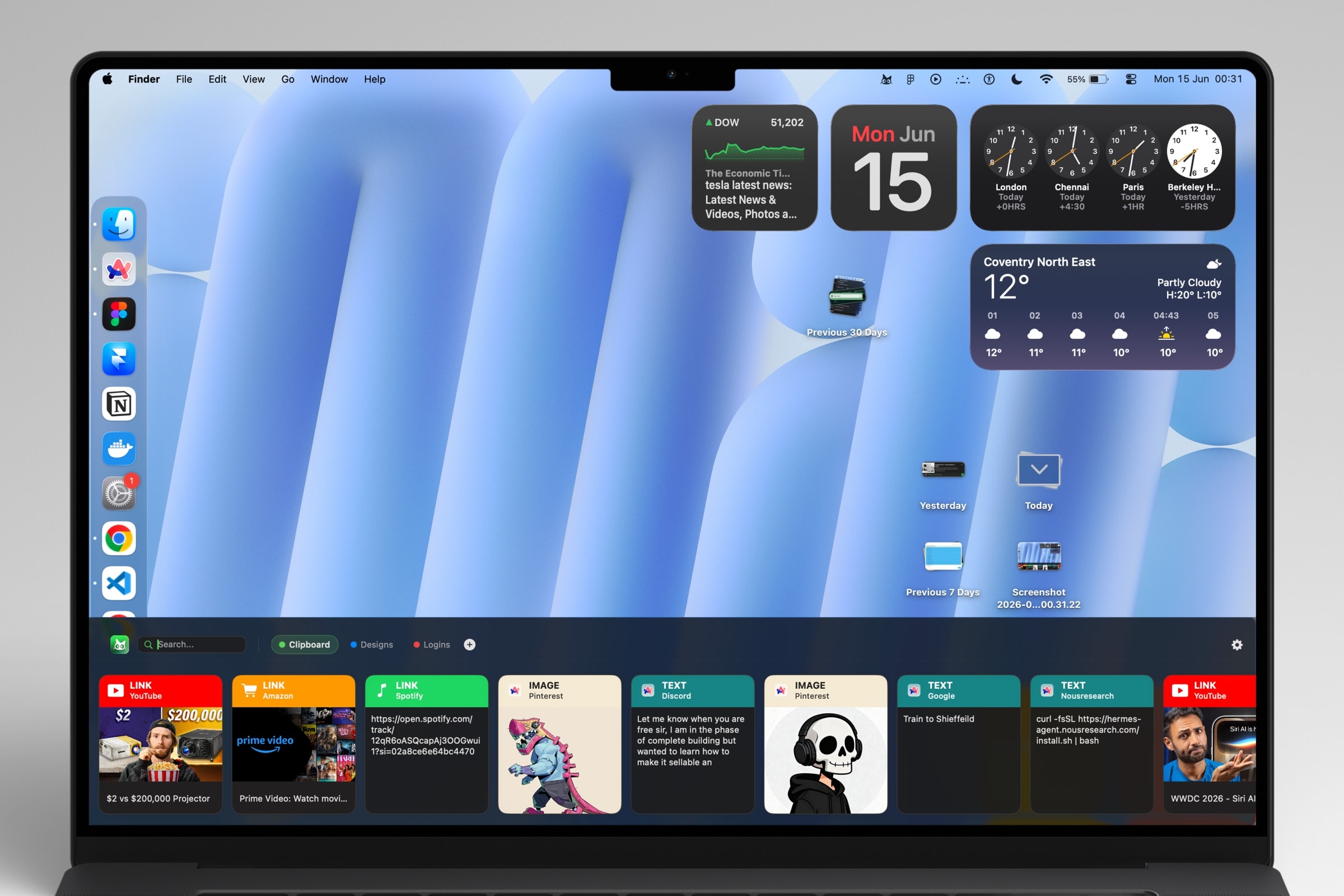 Copy Cat running on a MacBook: the macOS desktop above, and across the bottom of the screen the app's panel with a search field, three board tabs and a row of LINK, IMAGE and TEXT cards from YouTube, Amazon, Spotify, Pinterest, Discord and Google