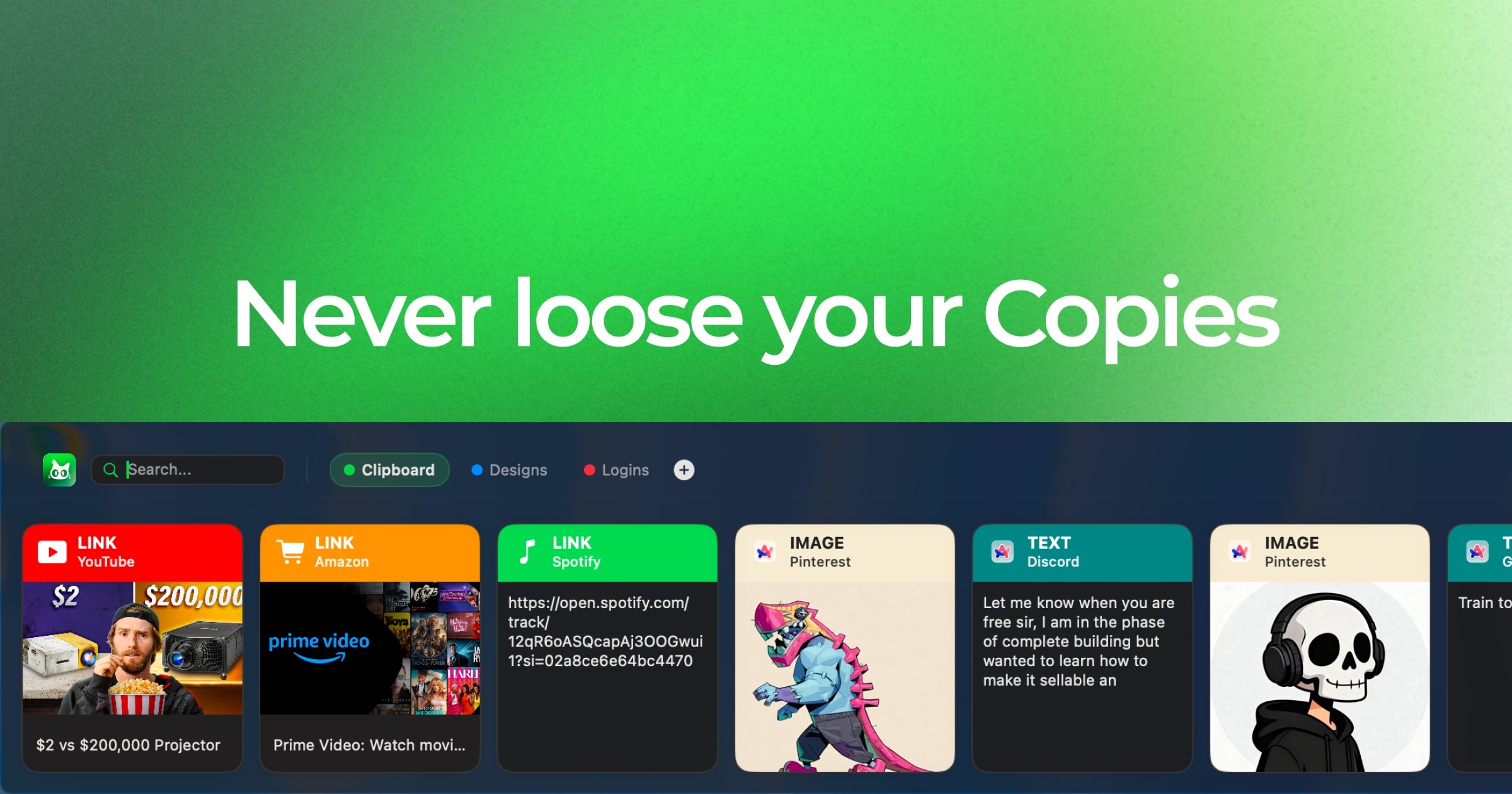 The Copy Cat site hero: a white headline across a green gradient, with the app's panel below it holding a search field, three board tabs and a row of cards from YouTube, Amazon, Spotify, Pinterest and Discord