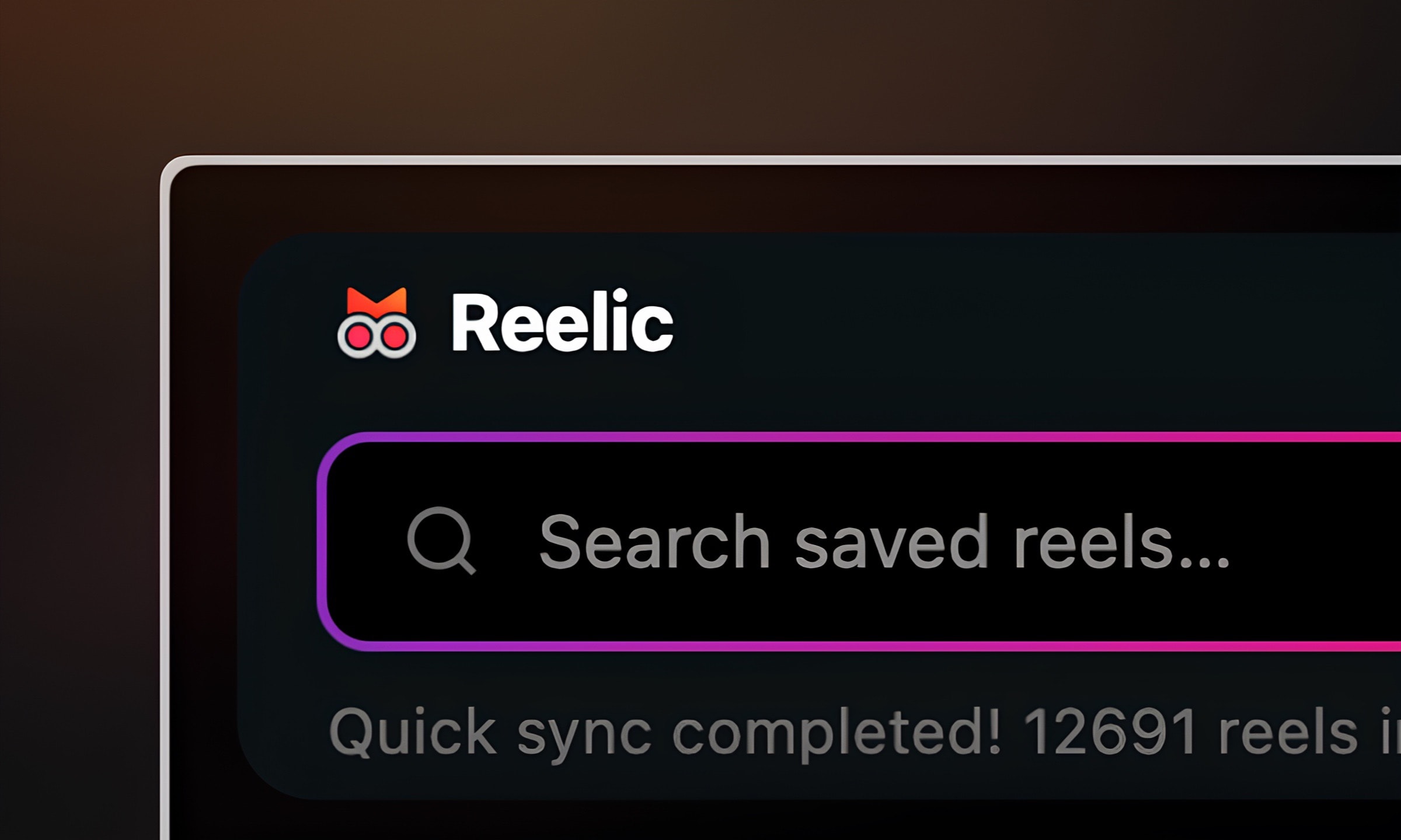 Close crop of the Reelic panel: the mark and wordmark above the search field, with a completed quick-sync line beneath it