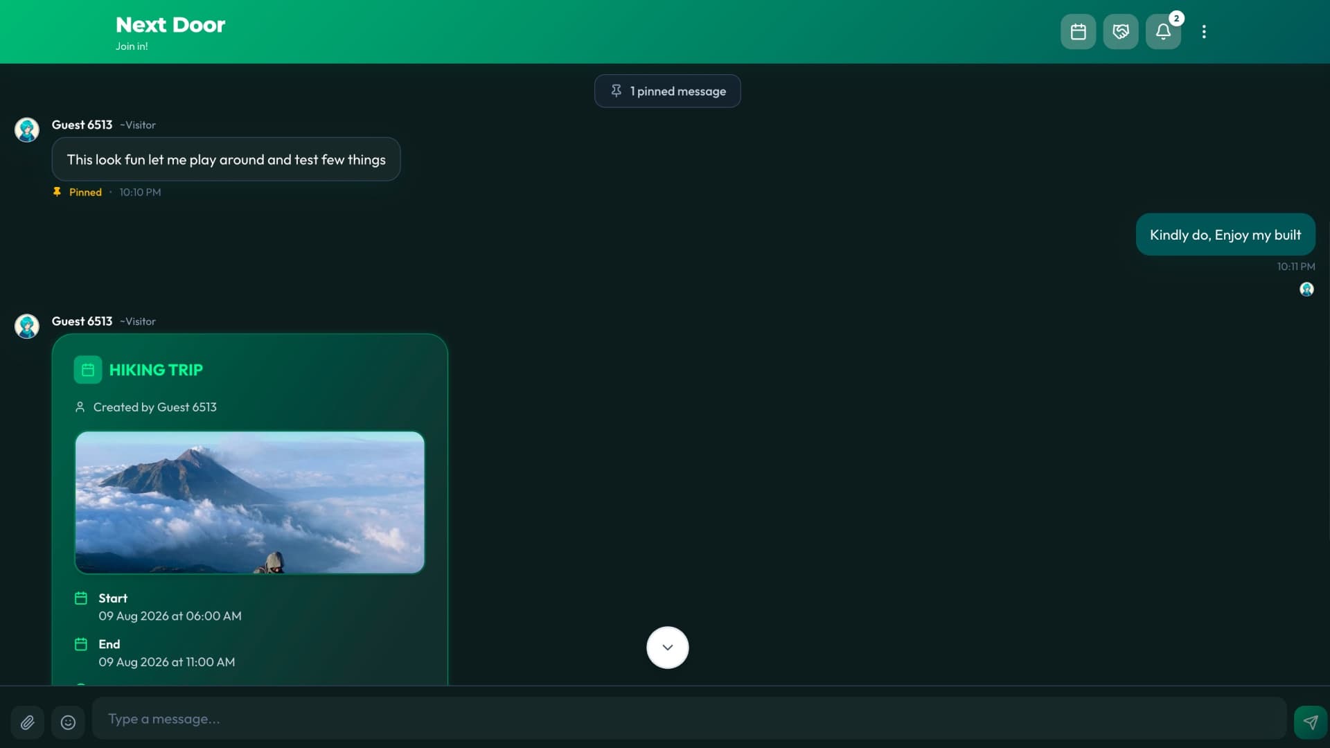 Next Door on a laptop: the chat at full width, one pinned message in a pill at the top, the two sides of the conversation against the left and right edges, and an event card in the thread