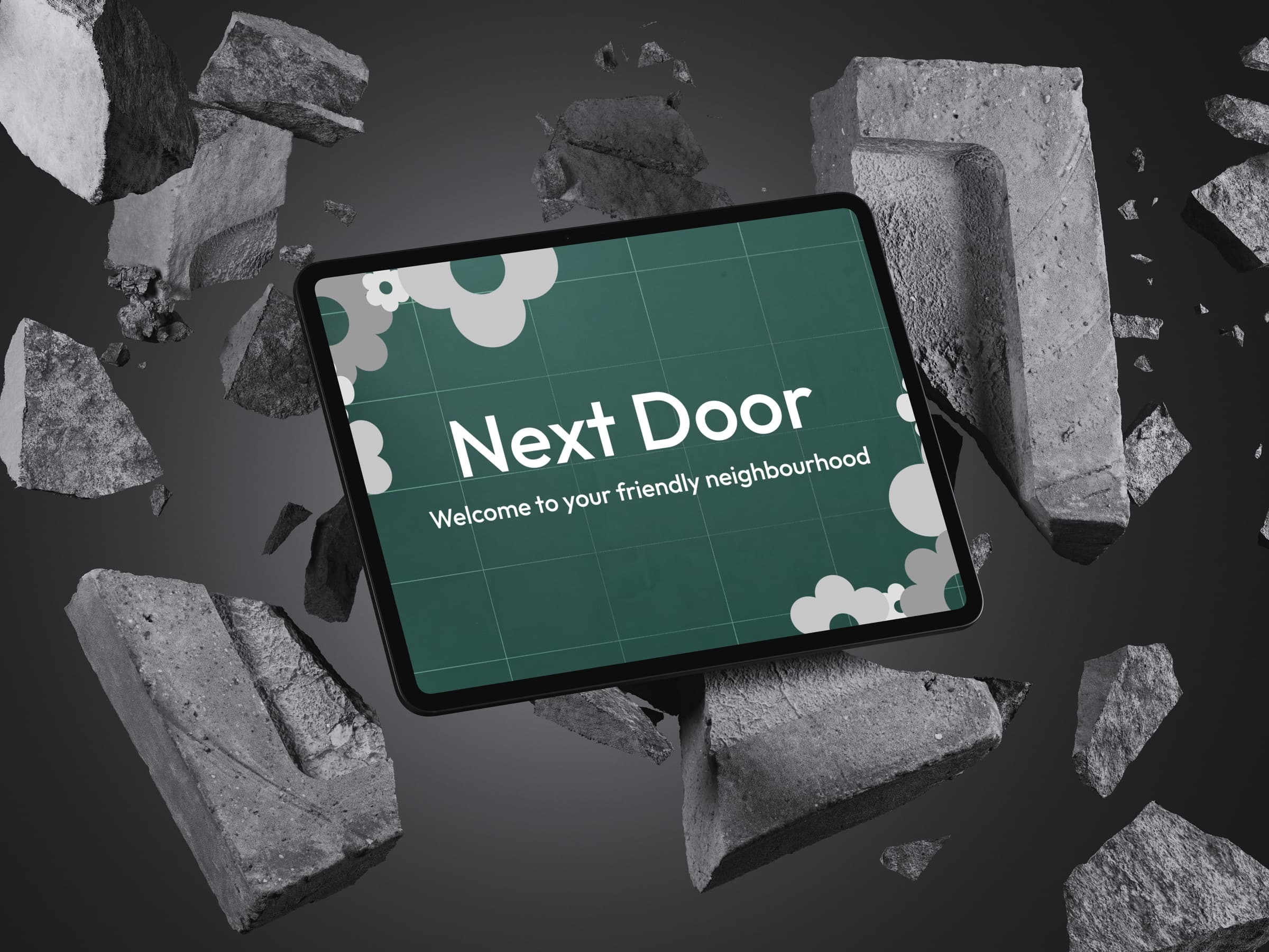 The Next Door key visual: a tablet floating among broken slabs of concrete on a dark ground, its screen showing the welcome card, Next Door, welcome to your friendly neighbourhood