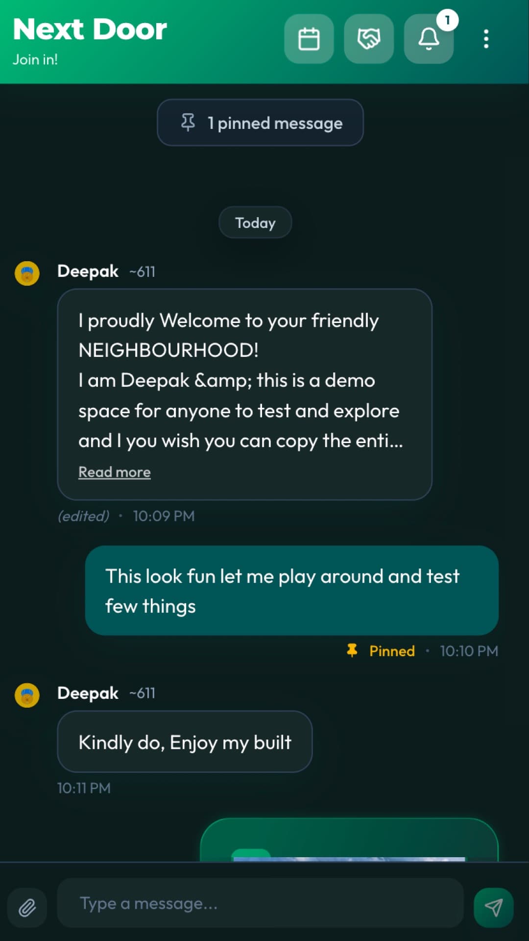 The same Next Door chat on a phone: one column, the pinned pill above the thread and the composer along the bottom