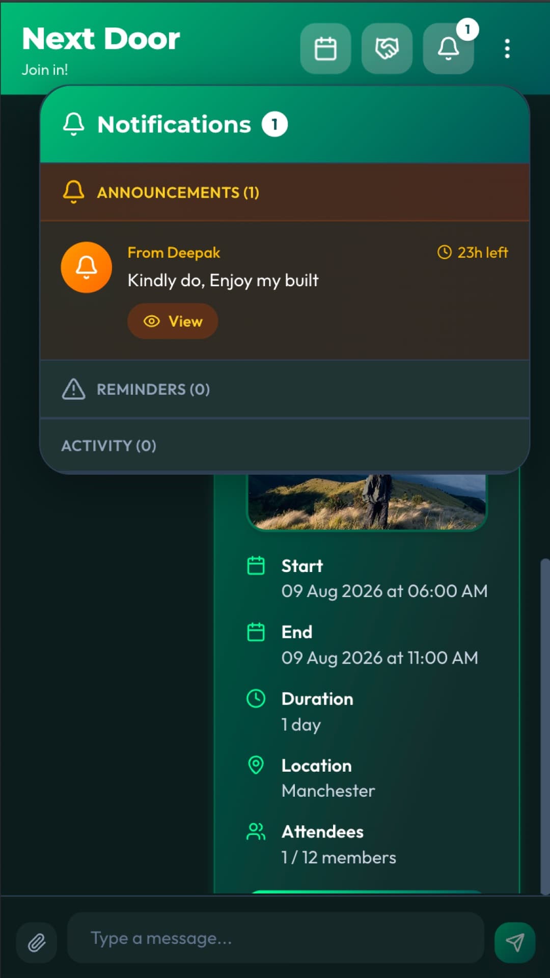 The notifications panel open over the chat on a phone, with one announcement from Deepak, empty reminders and activity, and an event card showing behind it