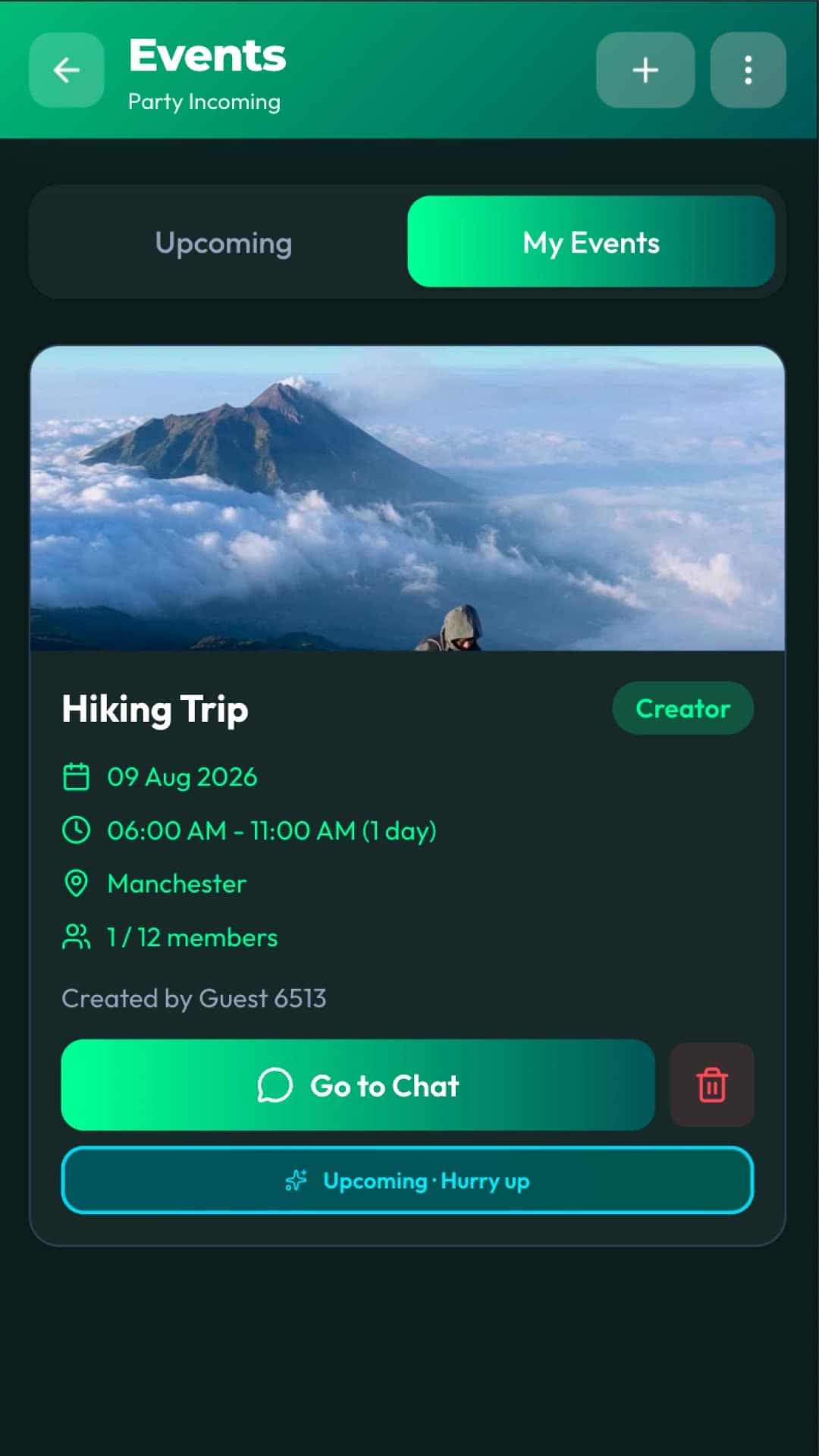 The events screen on a phone with My Events selected, showing a Hiking Trip card with its photo, date, time, location, member count and a Go to Chat button