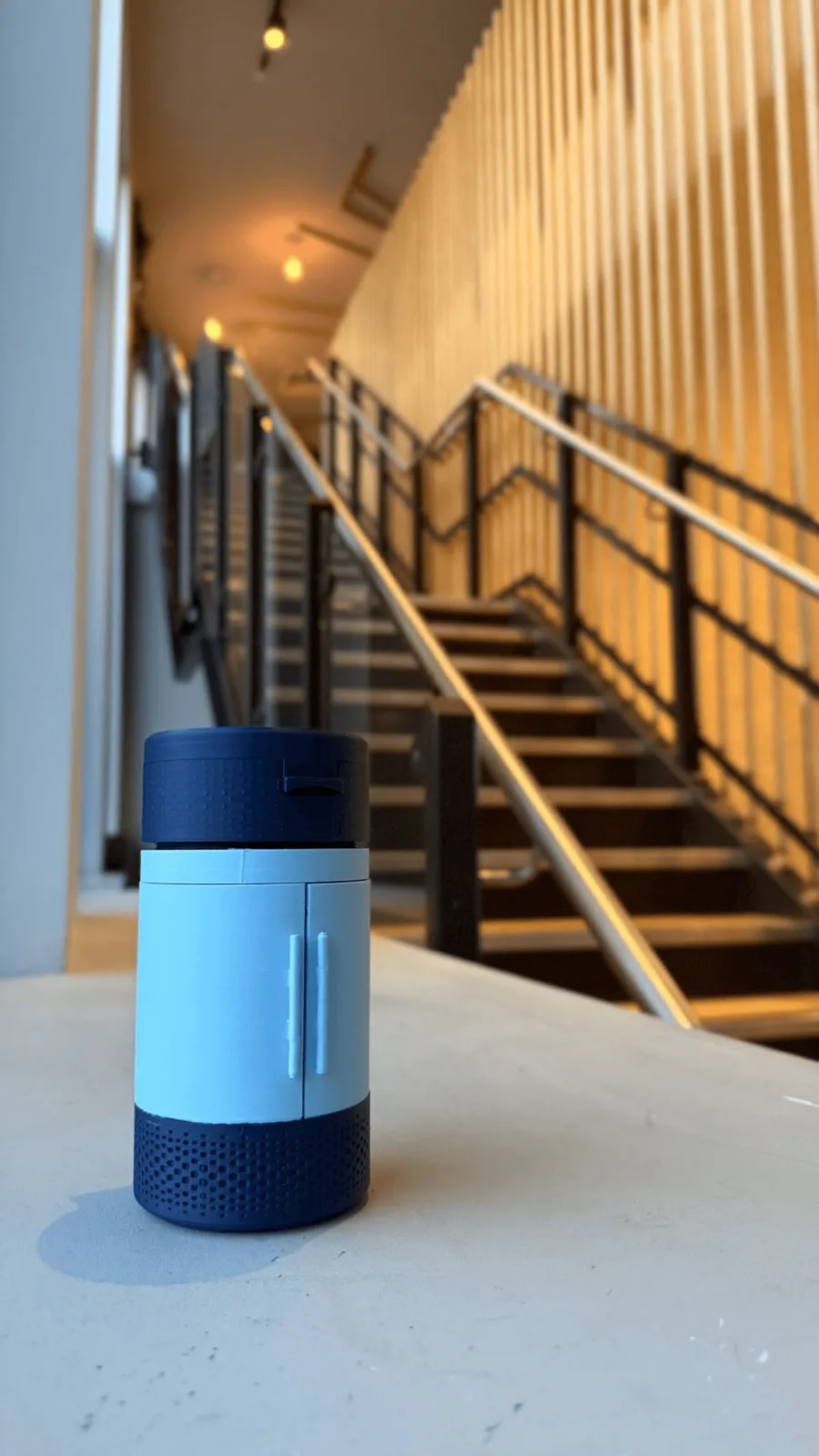 The blue colourway on a stair landing