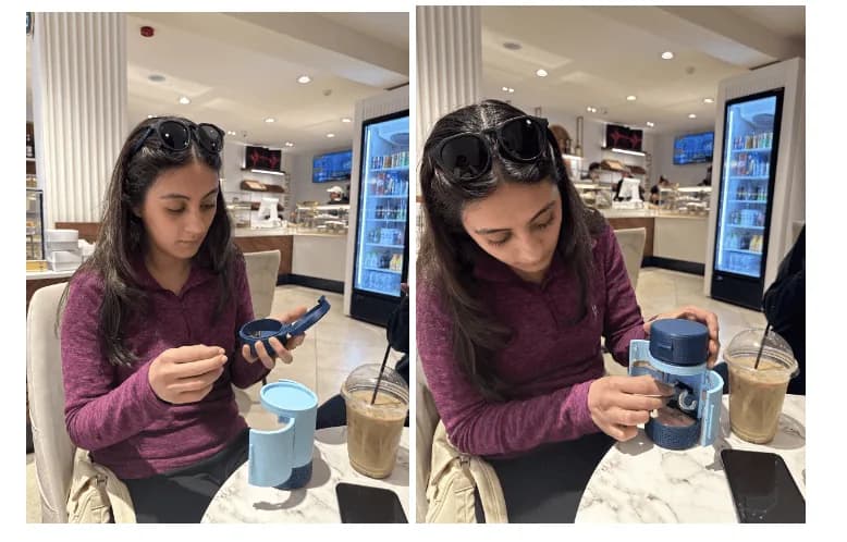 Two users handling the box in a café