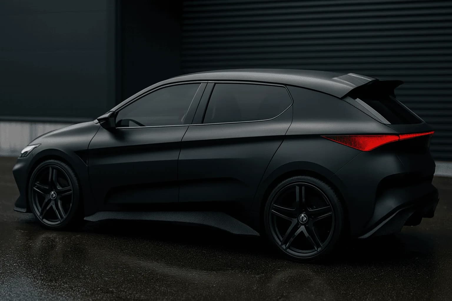 Rear three-quarter render showing the tail graphic