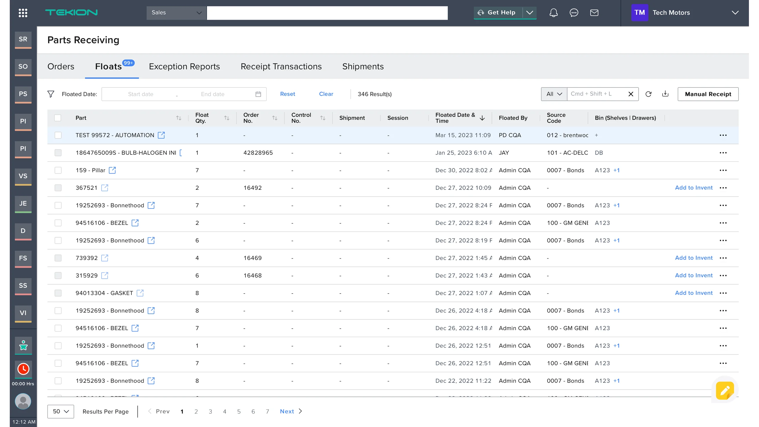The existing parts receiving landing screen: a Floats tab carrying a 99 plus badge is selected among Orders, Floats, Exception Reports, Receipt Transactions and Shipments, above a floated date filter reading 346 results and a dense table of part, float quantity, order number, control number, shipment, session, floated date and time, floated by, source code and bin.
