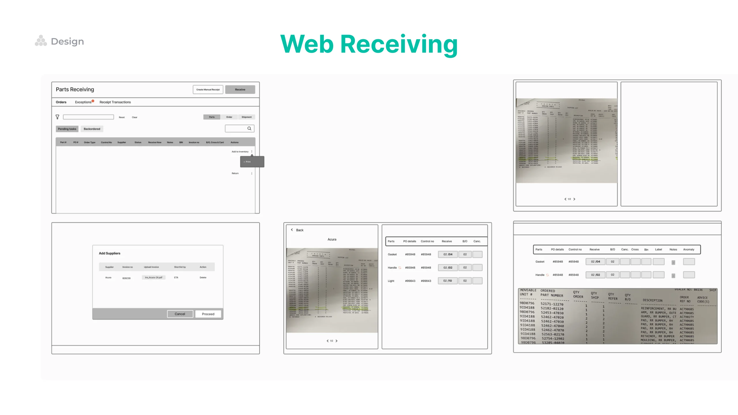 Web receiving slide: six wireframe screens laid out in a grid, working through the receiving flow from the orders list to the receipt detail.