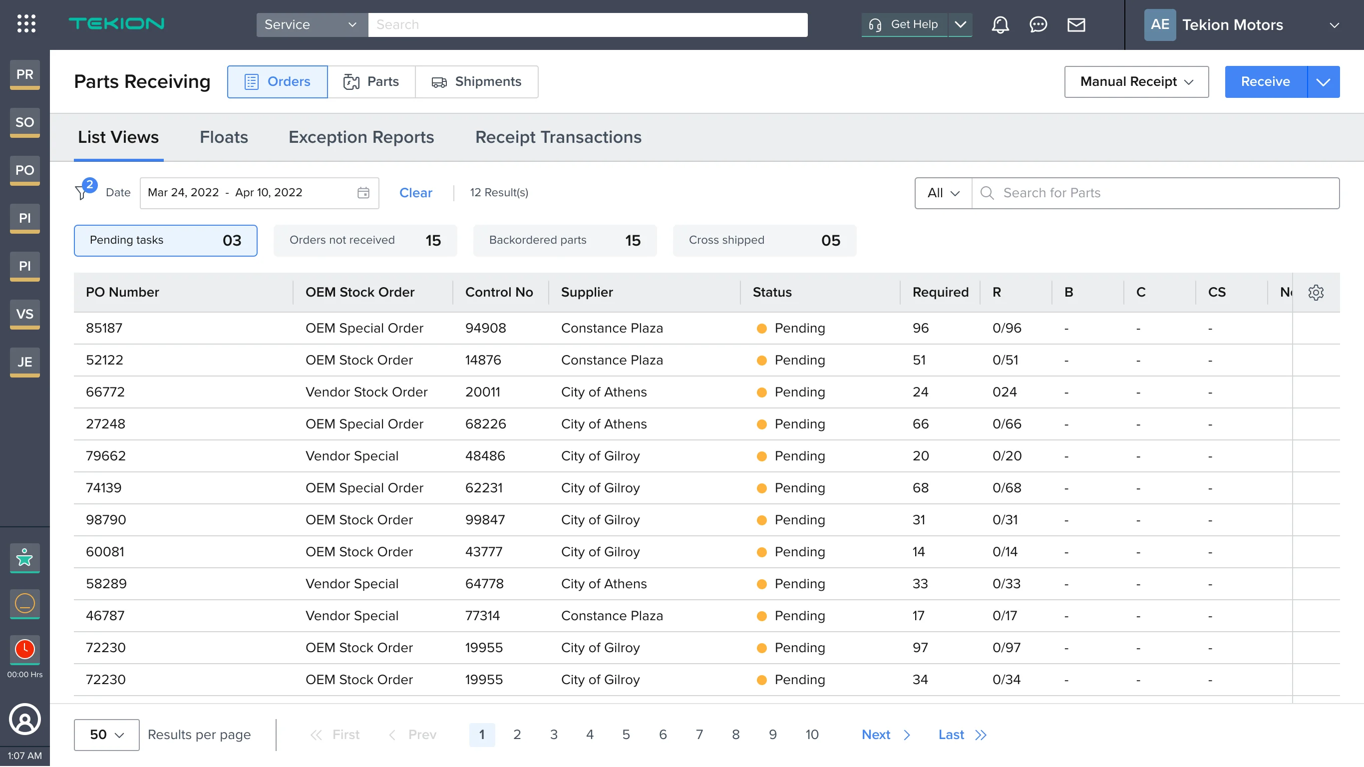 The purchase order view of the new parts receiving screen: Orders selected, a list of purchase orders by number, OEM or vendor stock order type, control number, supplier and status, each pending, with required and received counts against them.