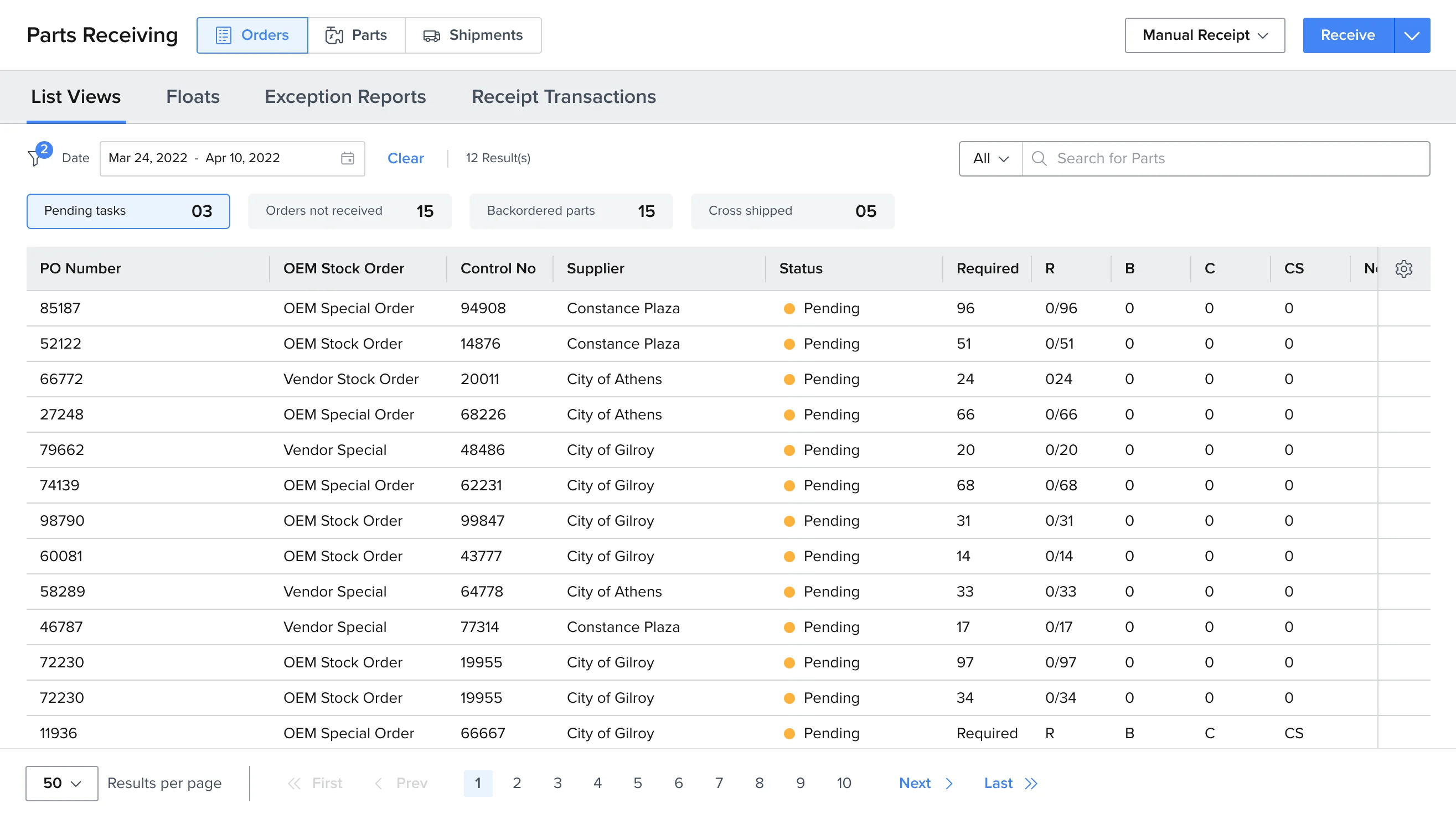 Web receiving, screen one: the parts receiving orders list with Orders, Parts and Shipments across the top, counters for pending tasks, orders not received, backordered parts and cross shipped, and a table of purchase order number, order type, control number, supplier and status.